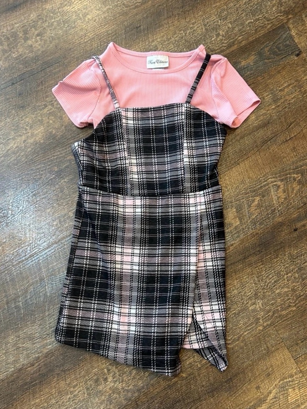 Rare Editions Pink Tee with Black & Pink Plaid Dress-built in shorts 8